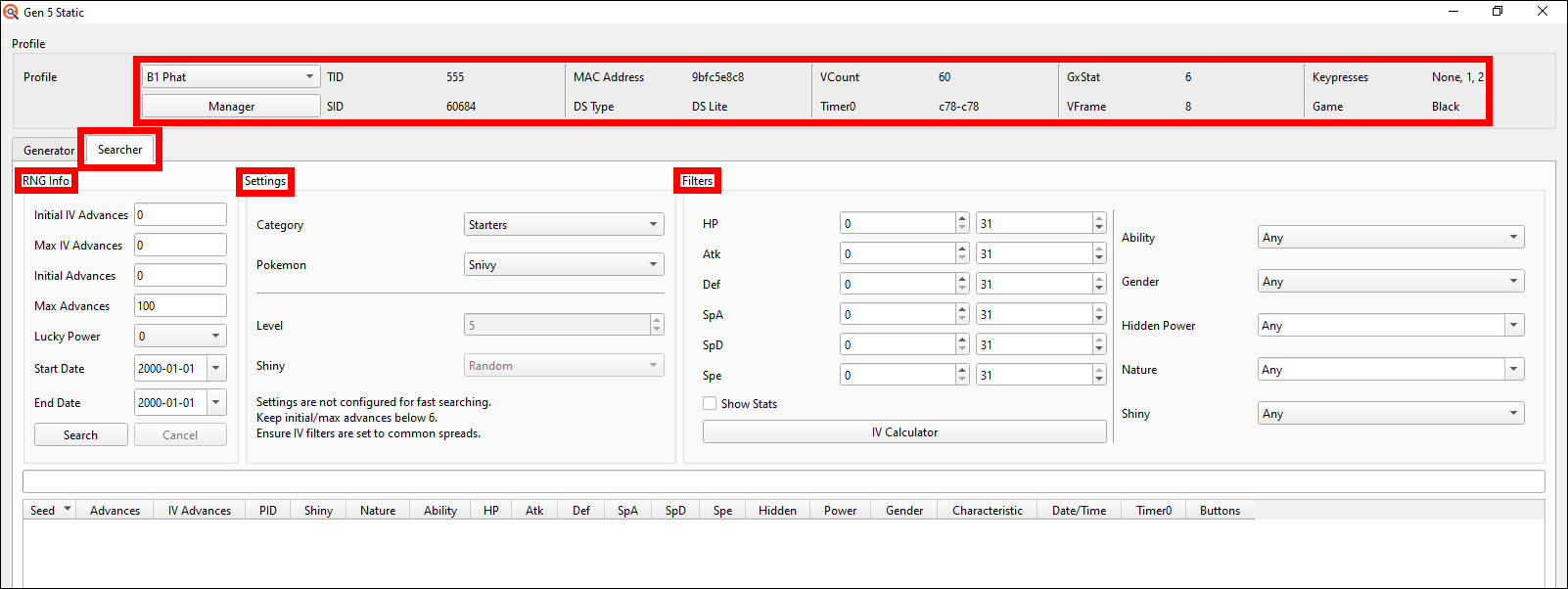 Searcher Settings PokeFinder