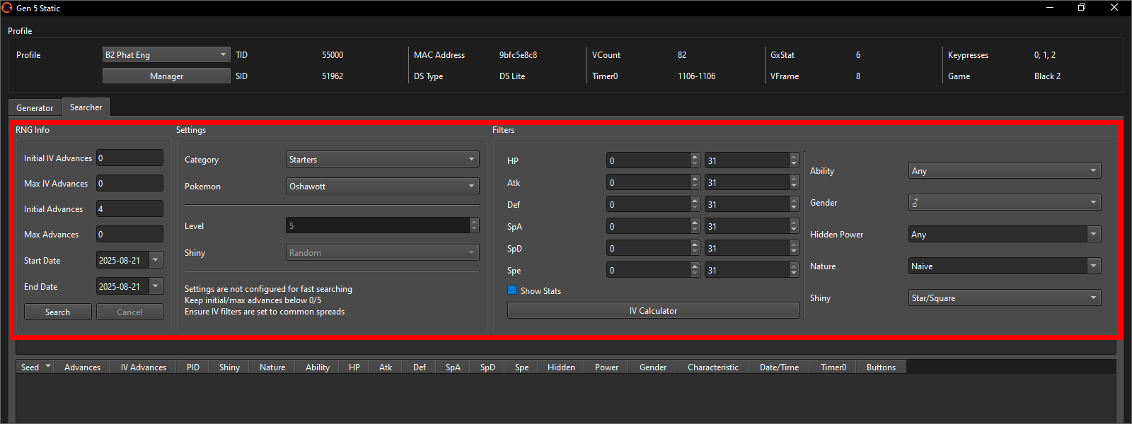 Searcher setup