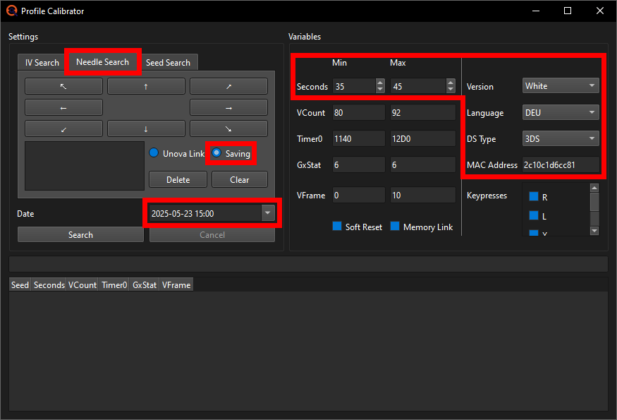 Profile Calibration window setup