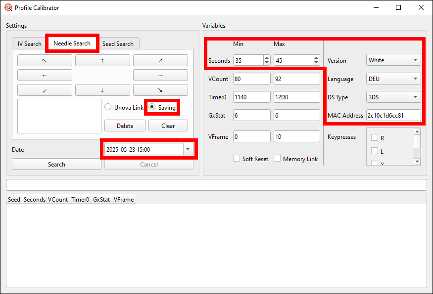 Profile Calibration window setup
