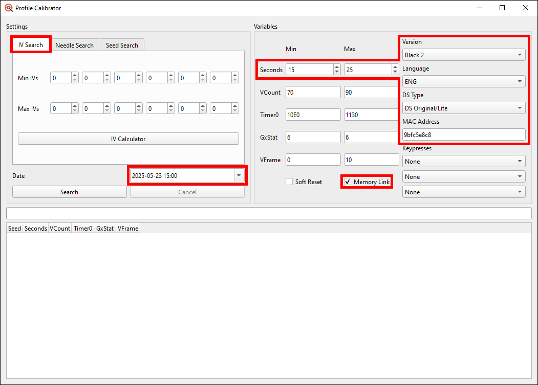 IV Search tab in Profile Calibrator