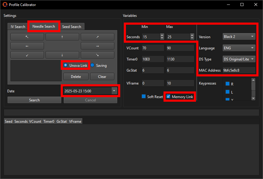 Profile Calibration window setup