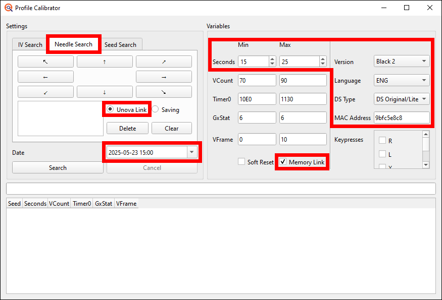 Profile Calibration window setup