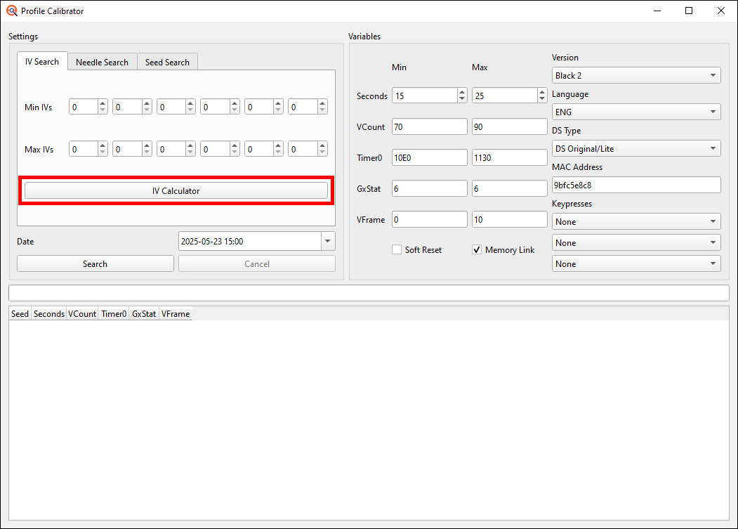 IV Calculator button on Profile Calibrator