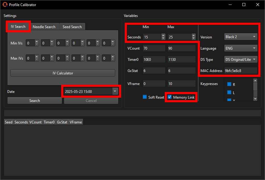 Profile Calibration window setup