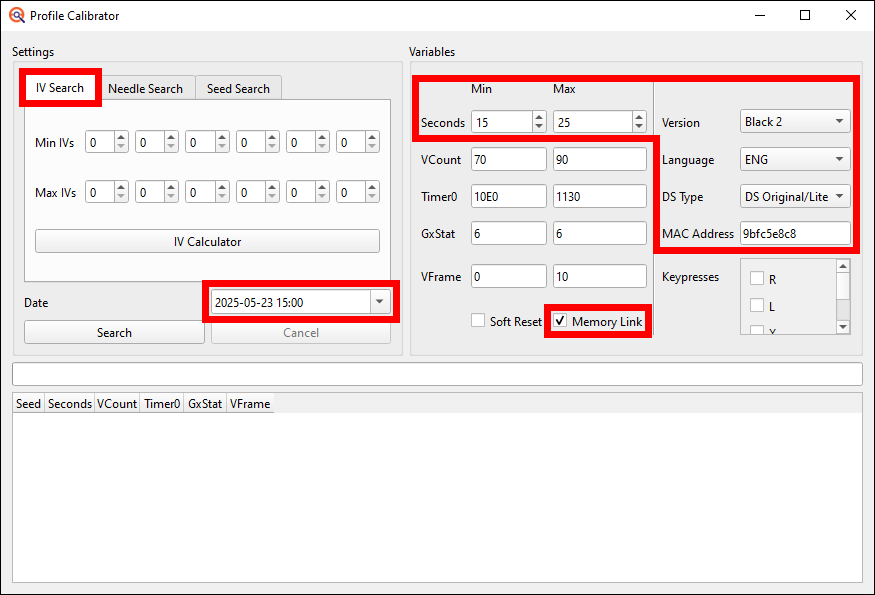 Profile Calibration window setup