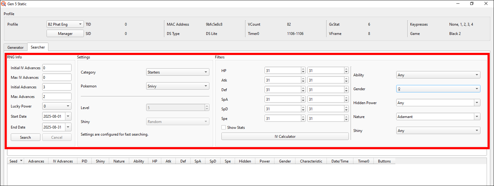 Search settings for 5/6IV Starter