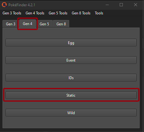 PokeFinder Gen 4 Tab with Static Highlighted