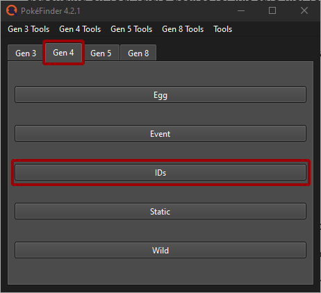 PokeFinder Gen 4 Tab highlighting the IDs Button