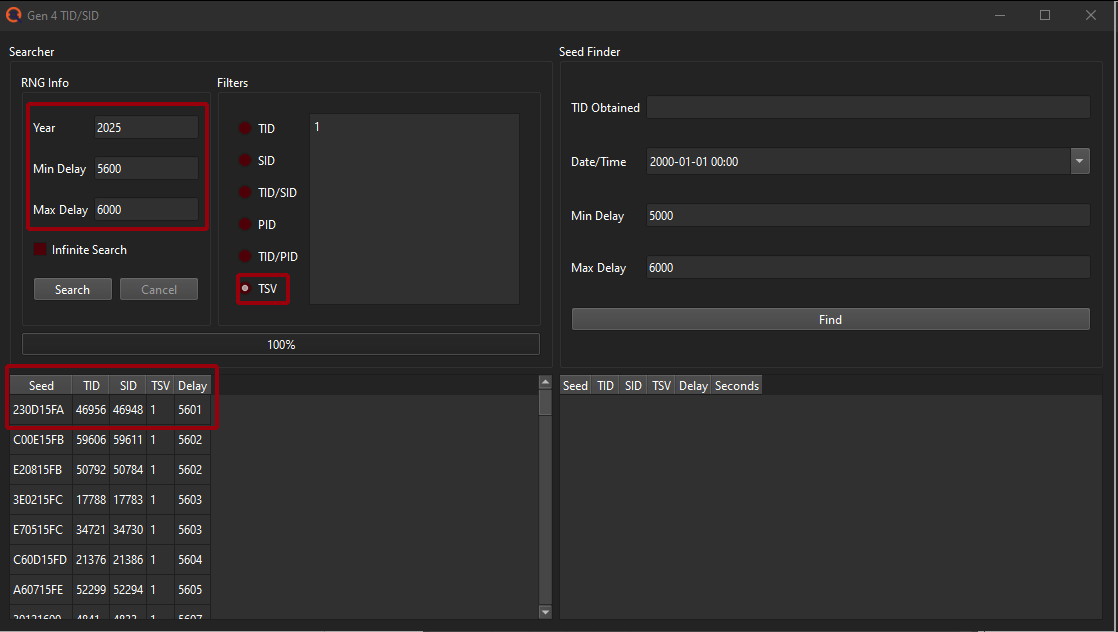 PokeFinder Gen 4 TID/SID window with settings for TSV