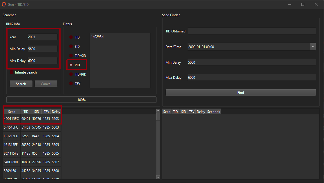 PokeFinder IDs tab set up for a specific PID