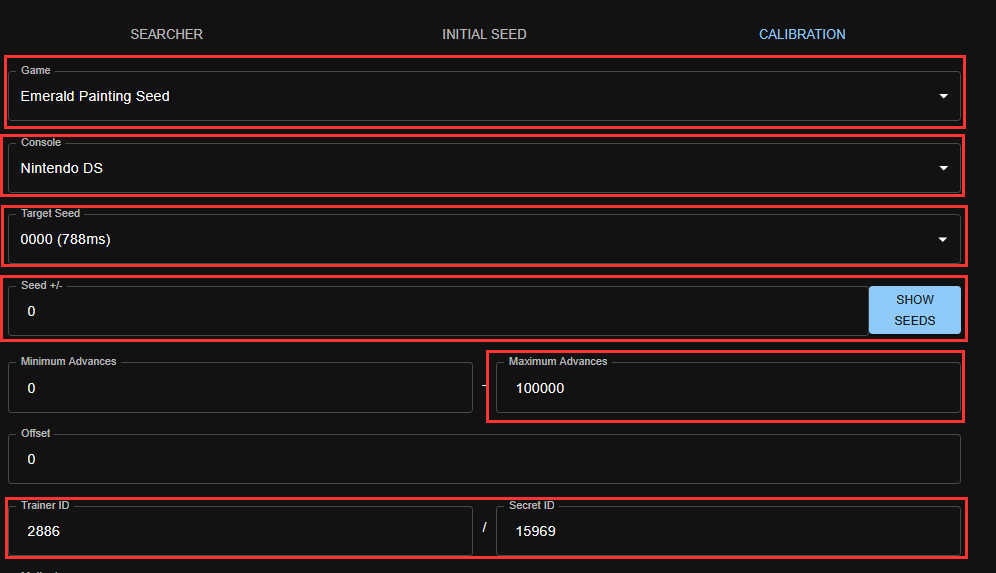 First half of Calibrations Settings